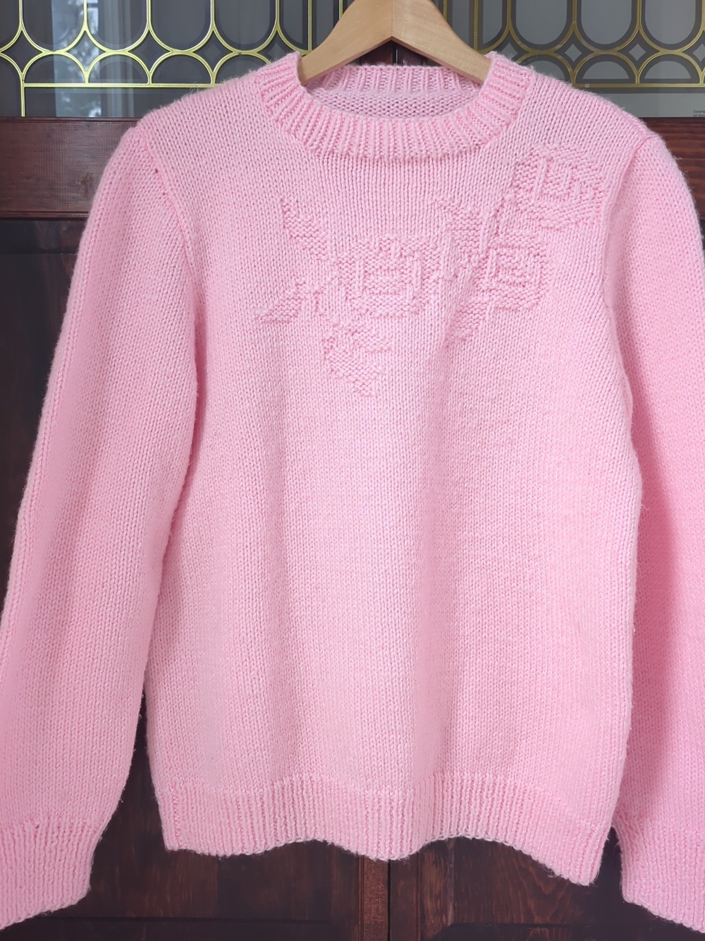 Handknit Bubblegum Pink Crewneck Floral Sweater
